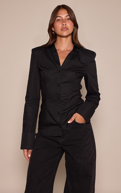 Black Cotton Cinched Cuff Detail Shoulder Pad Shirt
