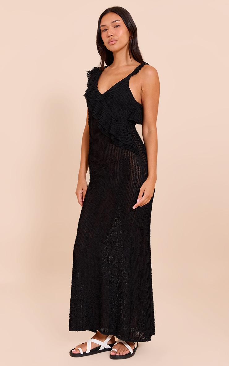 Black Textured Asymmetric Neck Maxi Dress image 3