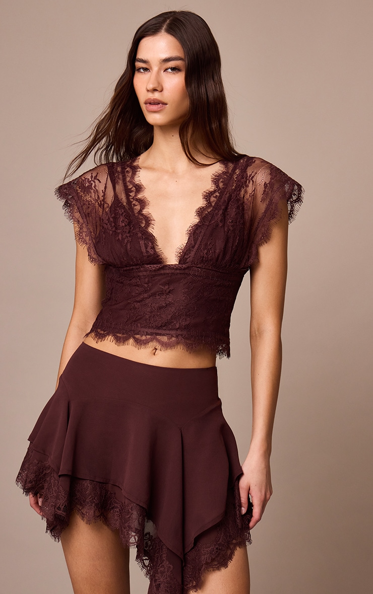Dark Plum Chiffon Layered Lace Detail Mini Skirt | Co-ords Dark Plum Chiffon Layered Lace Detail Mini Skirt | Co-ords