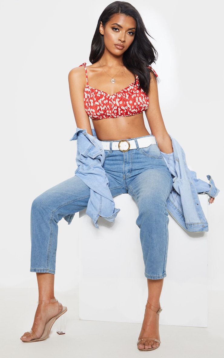 Red Printed Pleated Tie Strap Bralet