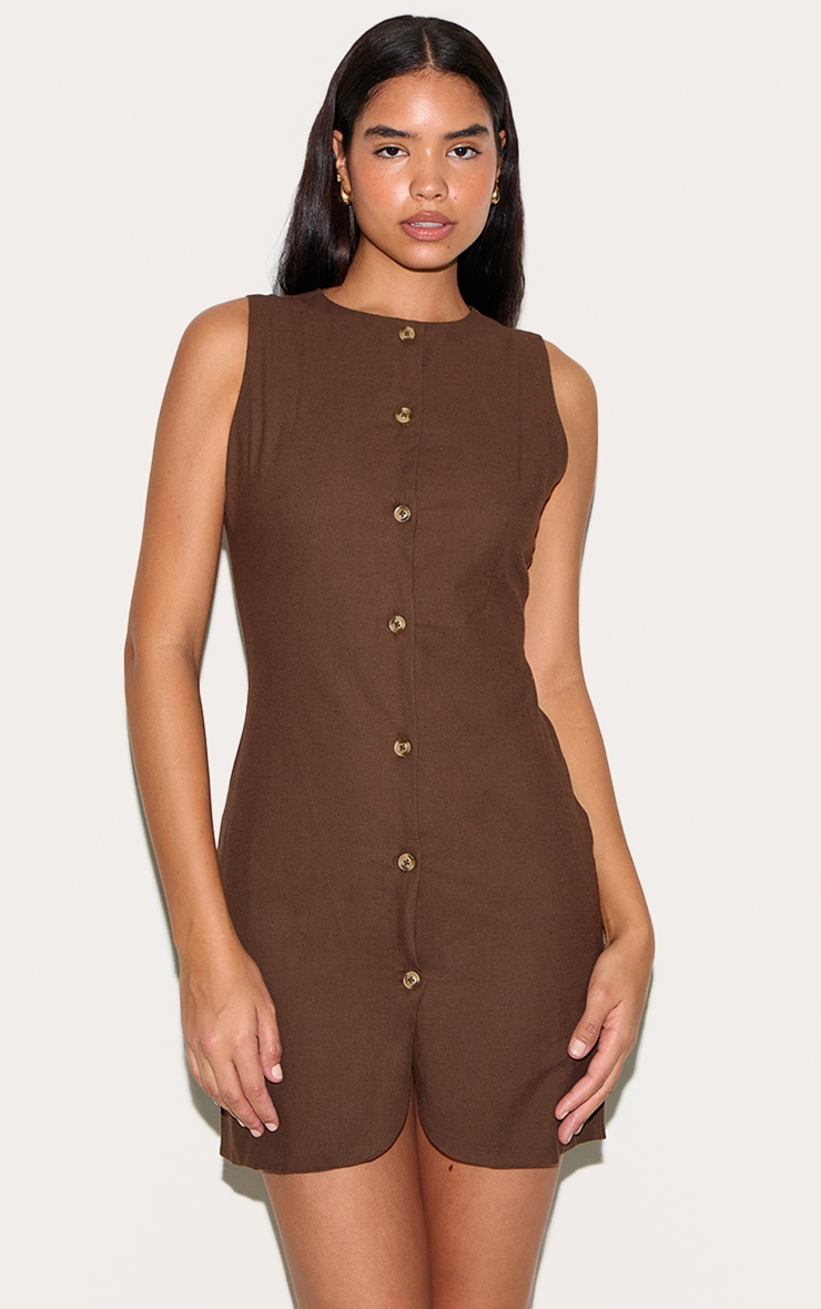 Tall Chocolate Linen Look Button Down Bodycon Dress image 3