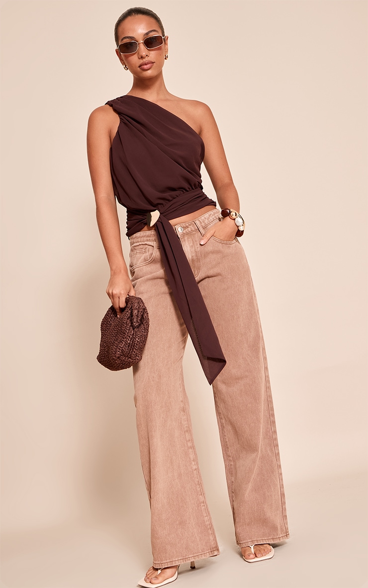 Chocolate Plum Chiffon One Shoulder Ruched Trim Drape Top image 3