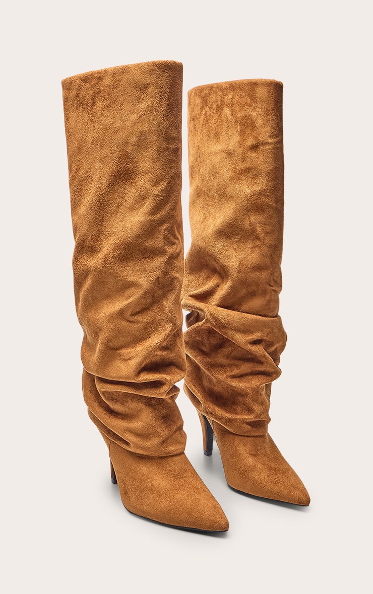 Bottes hautes repliées froncées en suédine marron clair image 3
