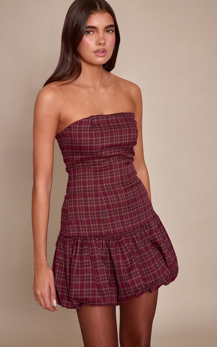 Burgundy Check Bandeau Puffball Dress image 3