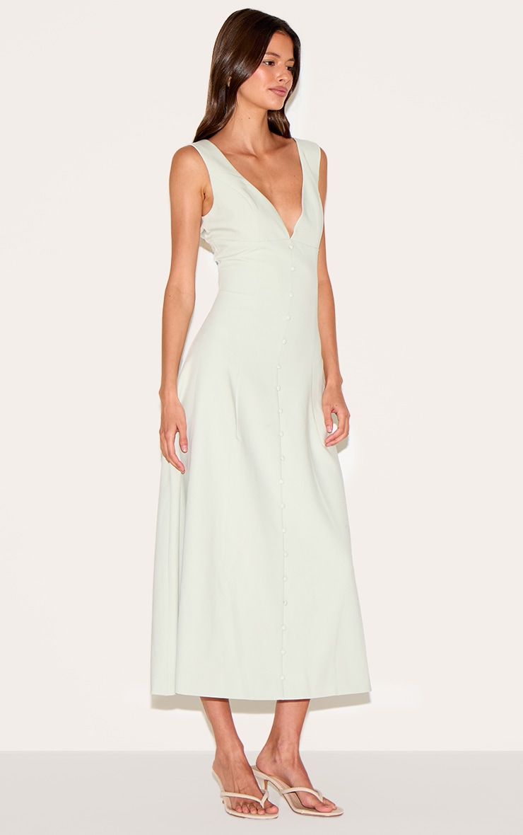 Sage Green Tailored Woven Plunge Button Down Midi Dress image 3