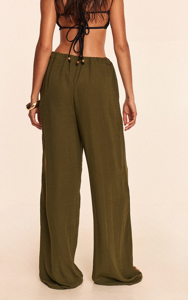Khaki Linen Look Drawstring Beach Pants image 3