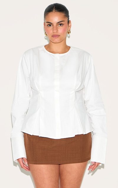 Plus Chemise en coton blanc plissée à manches longues