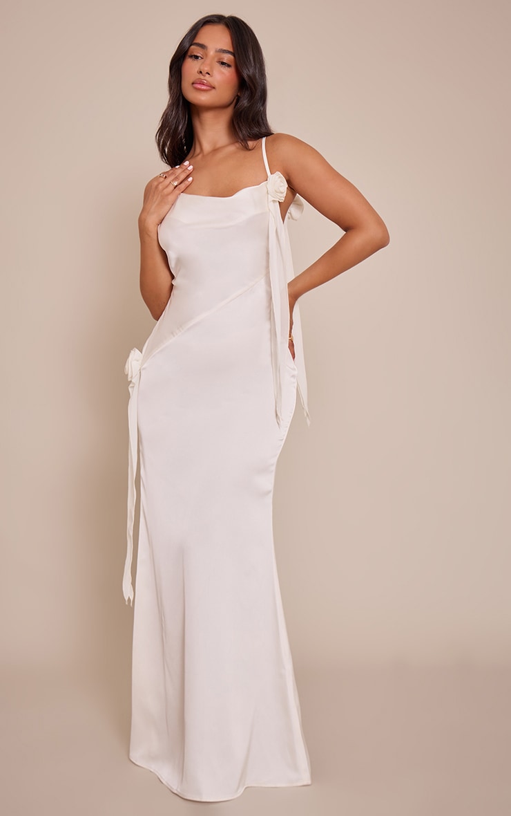Petite White Satin Floral Drape Cowl Neck Maxi Dress image 2