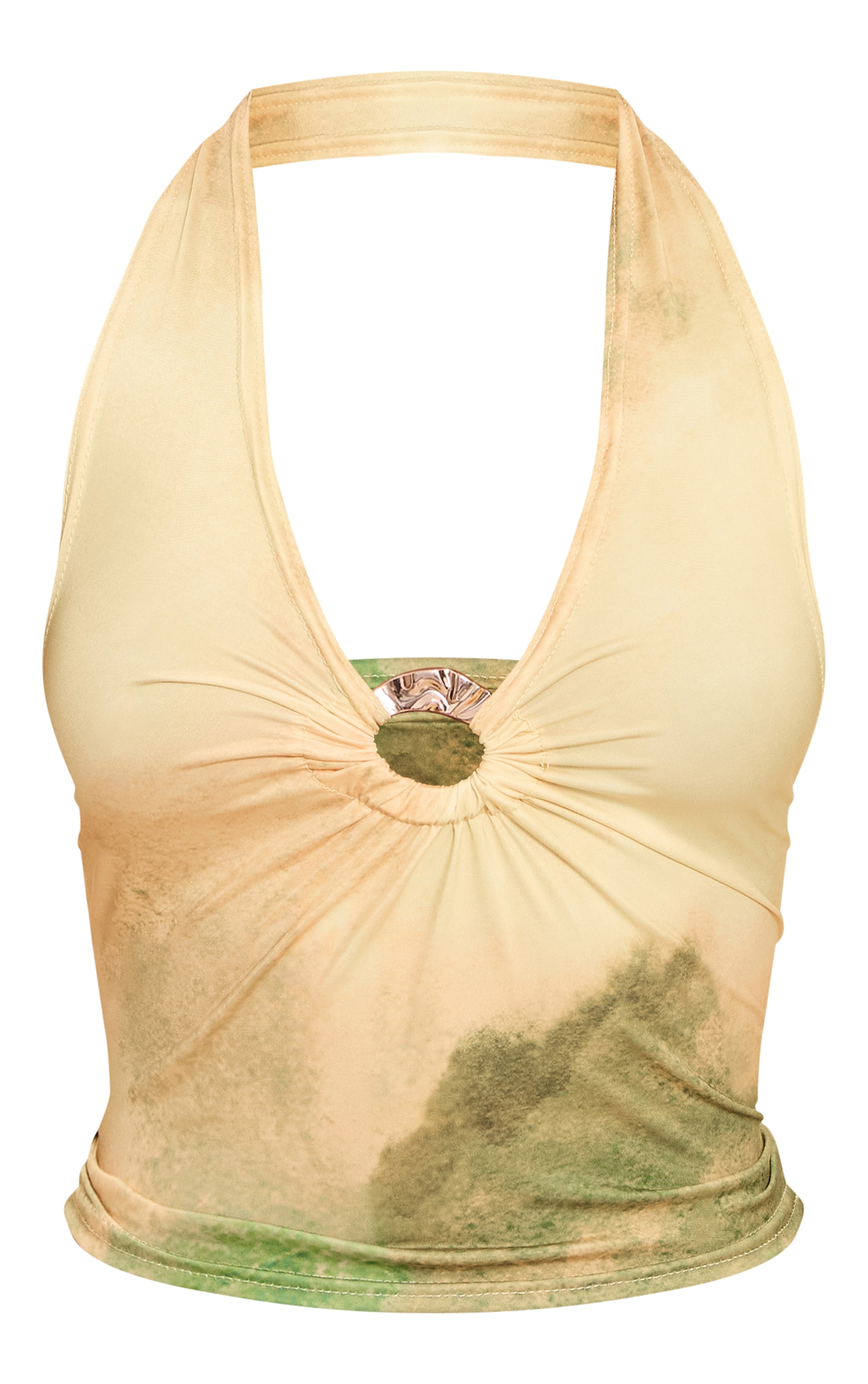 Green Abstract Print Gold Front Ring Detail Halterneck Top image 5
