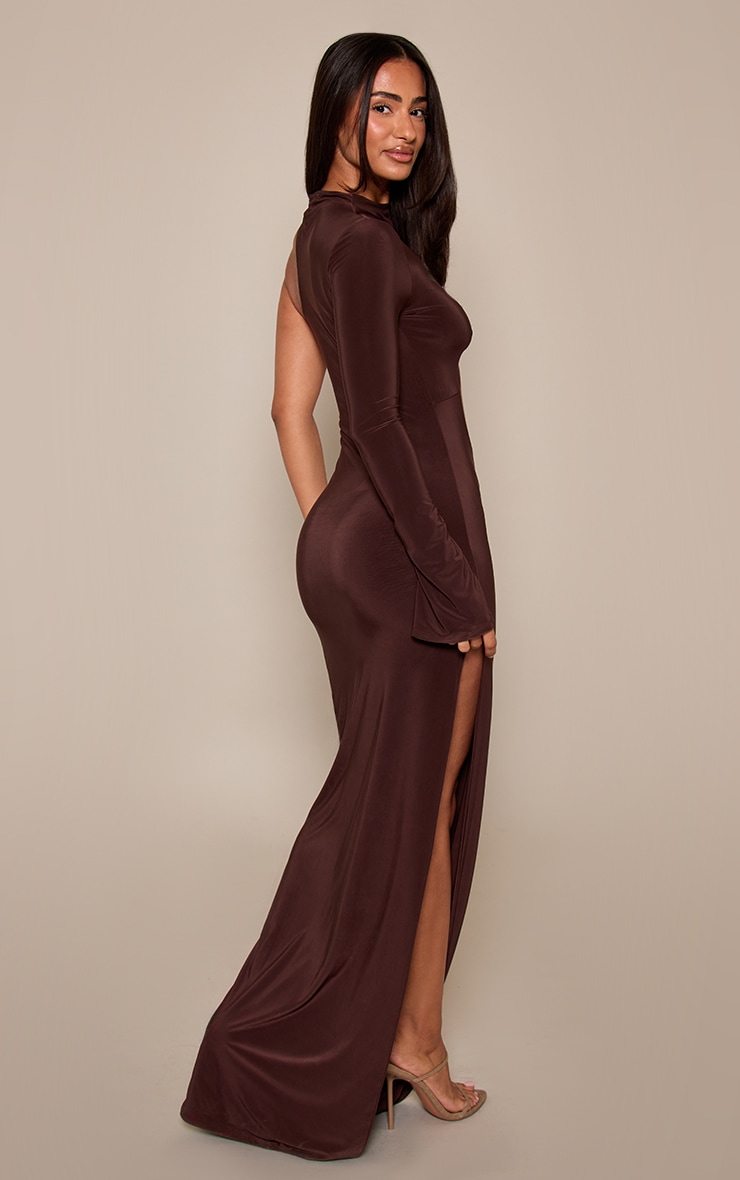Petite Chocolate Cut Out Trim Detail Long Sleeve Slinky Maxi Dress image 2