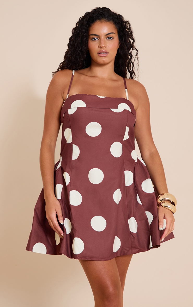 Plus Brown Polka Dot Strappy Structured Shift Dress image 1