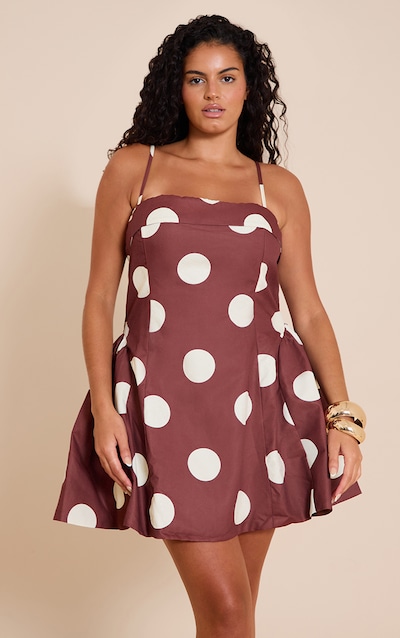 Plus Robe droite structurée marron à pois et bretelles fines