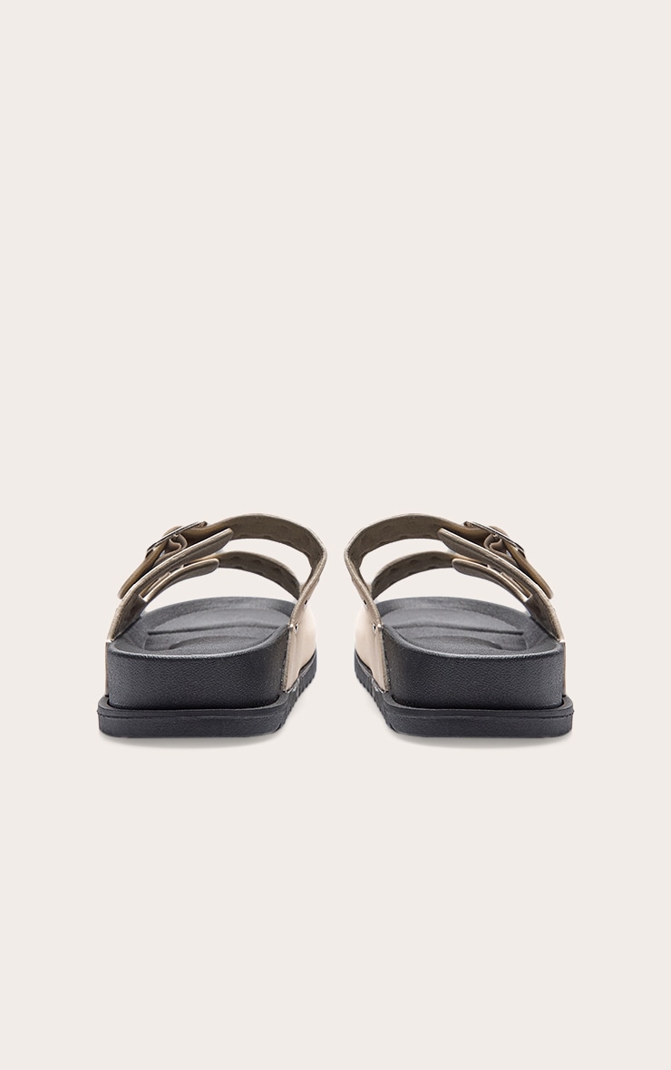 Beige Double Buckle Faux Suede Flatbed Sandals image 4