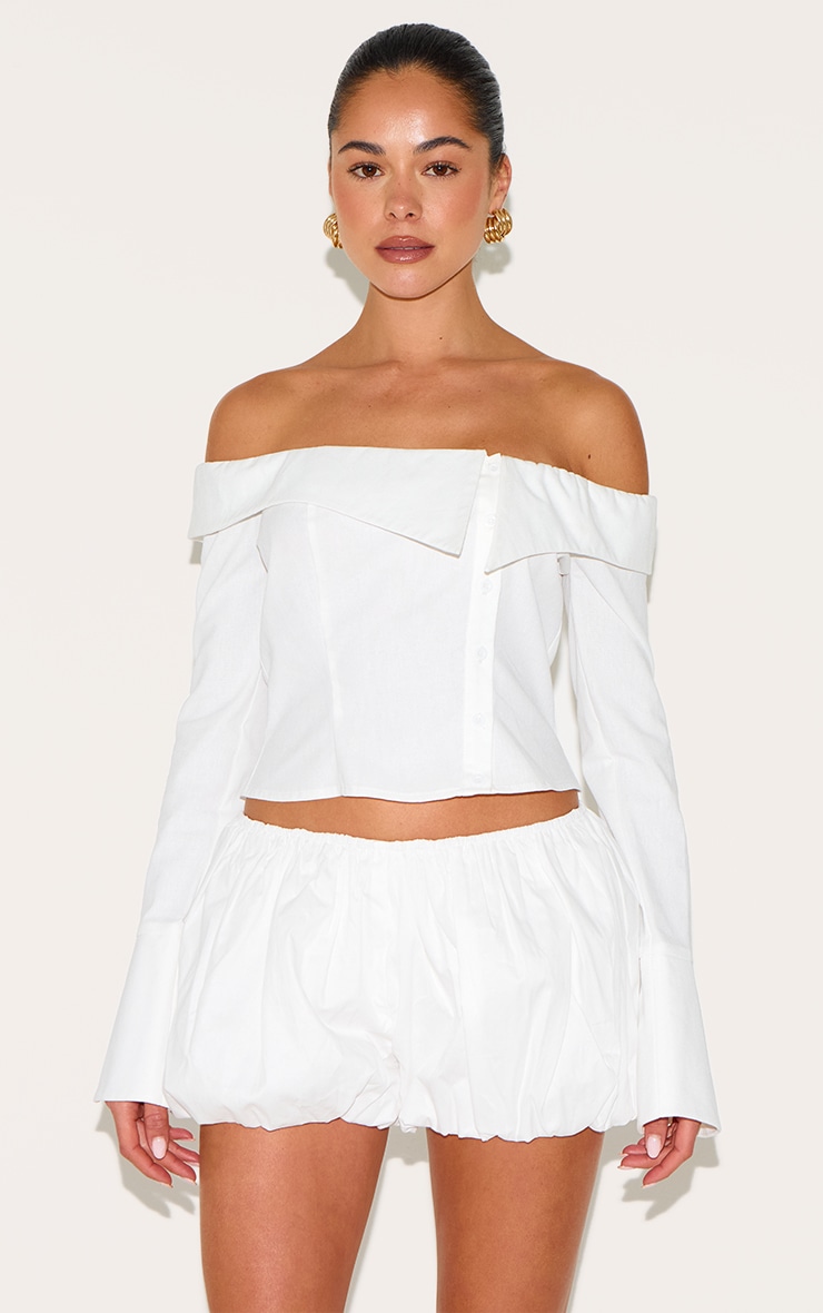 White Linen Blend Bardot Button Up Shirt image 1