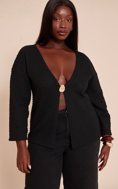 Plus Black Textured Oversized Trim Detail Long Sleeve Top