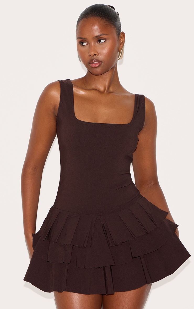 Chocolate Stretch Woven Pleated Skort Romper image 1