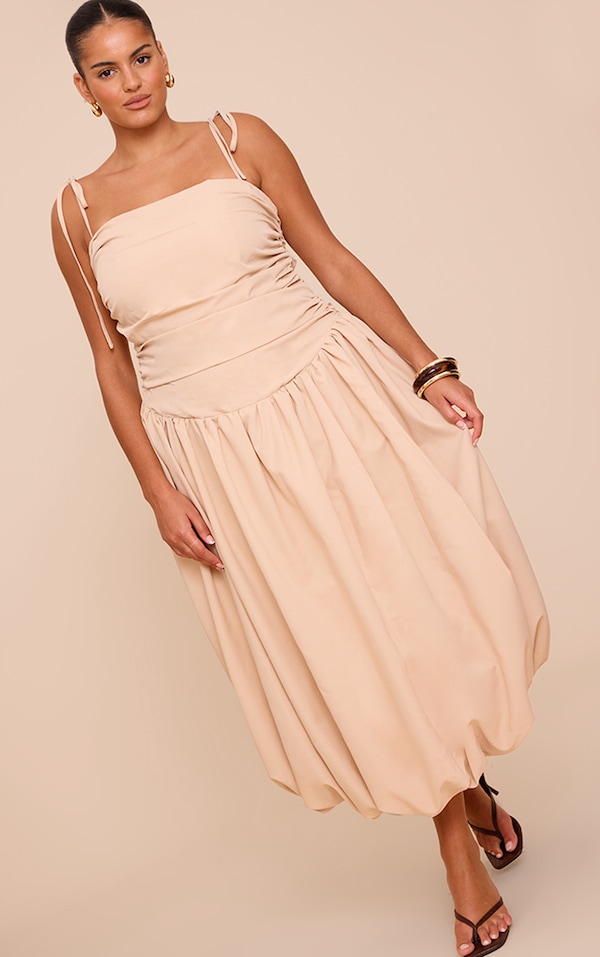 Plus Robe longue gris pierre froncée à bretelles fines