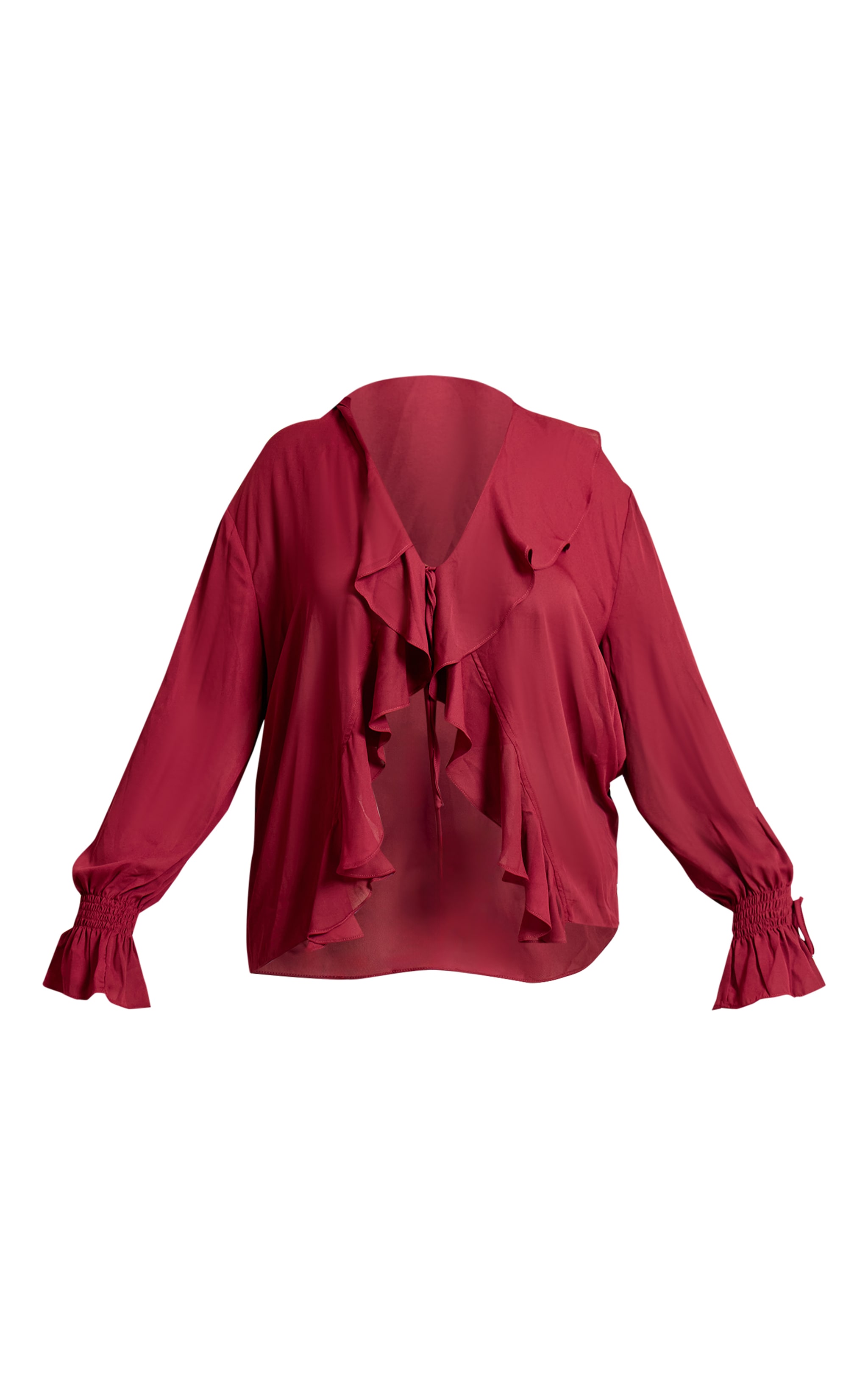 Plus Blouse en mousseline de soie rouge vin nouée devant à volants image 5
