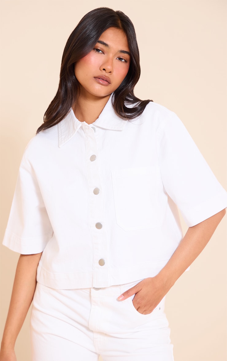 White Short Sleeve Pocket Detail Denim Shirt image 4