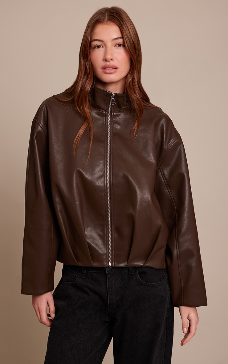 Chocolate Brown Faux Leather Funnel Neck Gathered Back Bomber Jacket  image 1