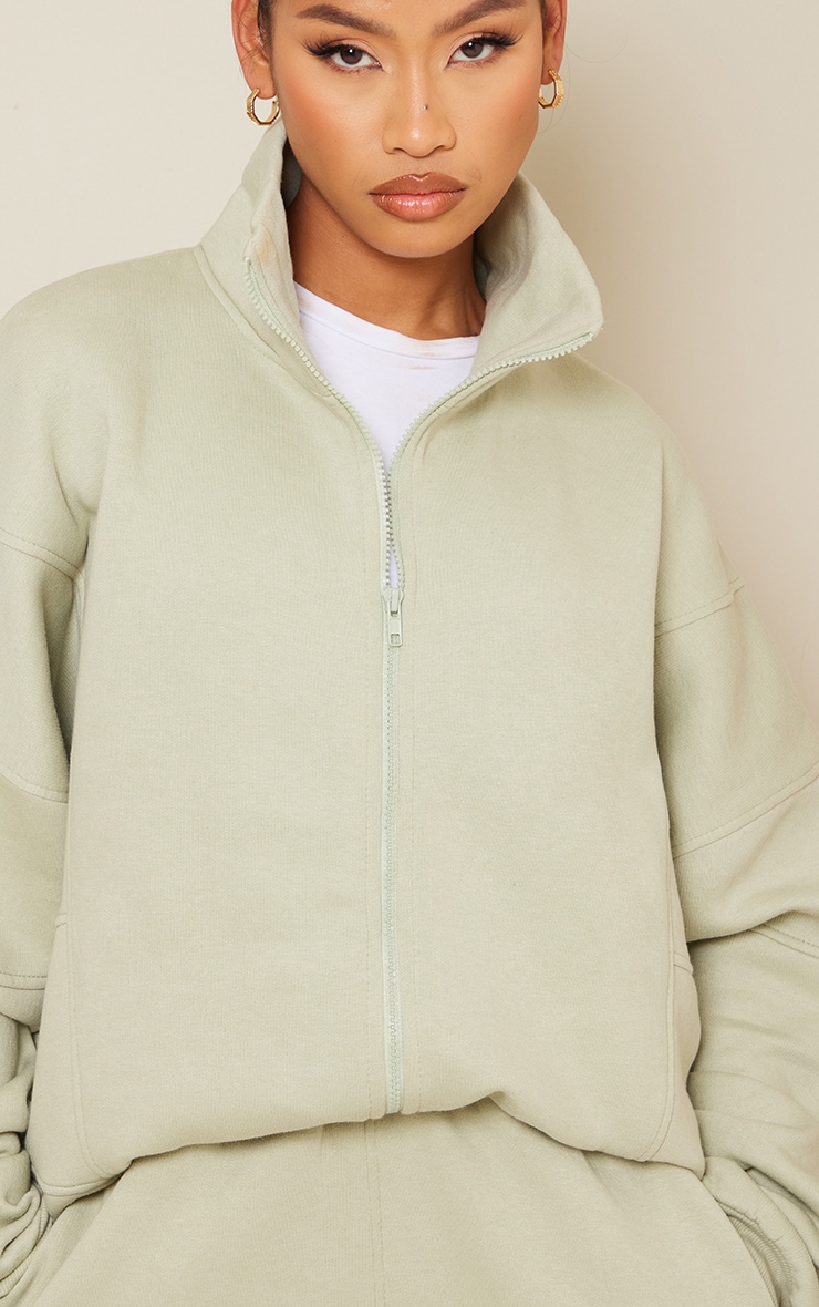 Sage Khaki Oversized Paneled Zip Up Sweatshirt image 4