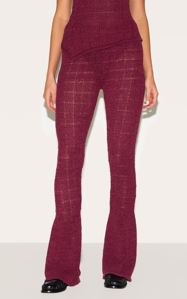 Wine Textured Filigree Knit Wide Leg Pants image 2