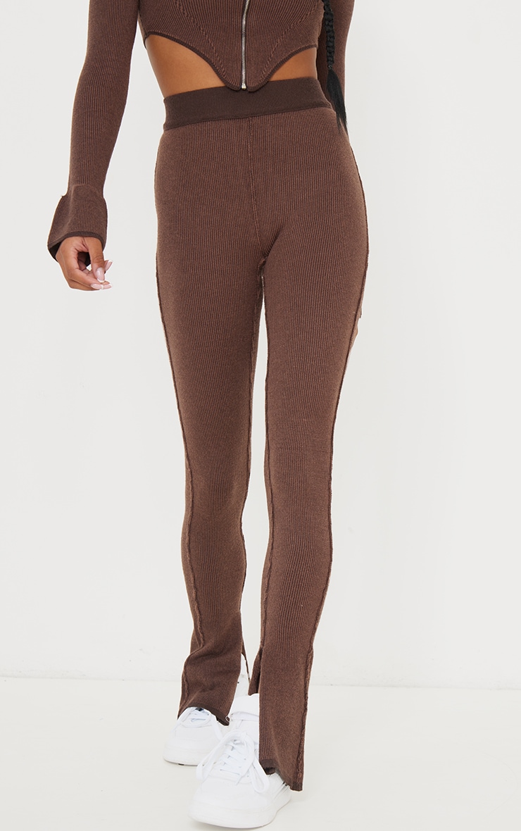 Petite Chocolate Knitted Split Hem Flare Pants image 2