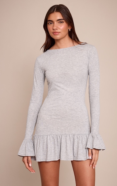 Grey Marl Dropped Frill Hem Long Sleeve Mini Dress