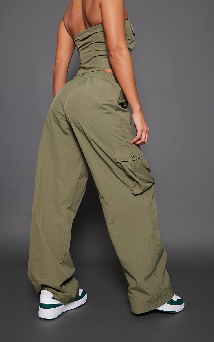 Khaki Shell Drawstring Parachute Cargo Trousers image 3