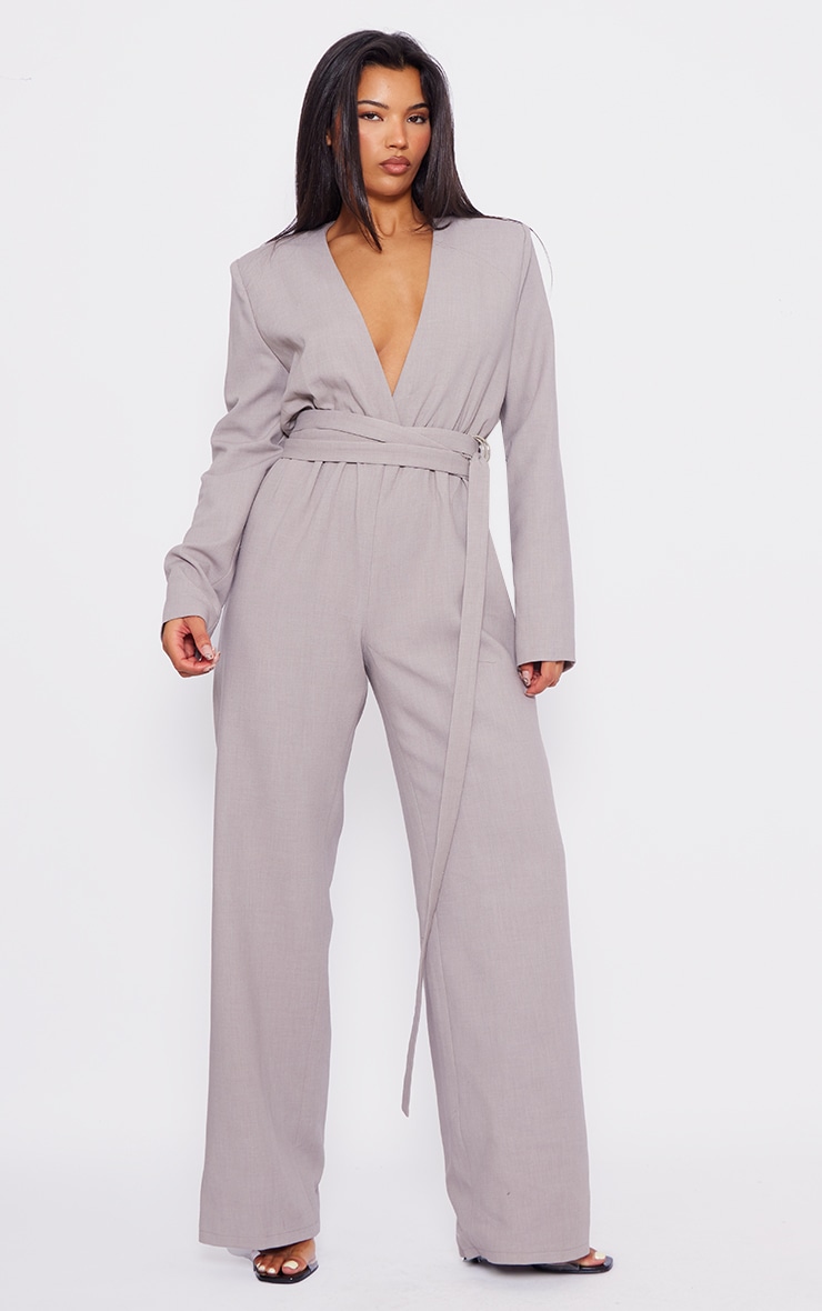 Light Grey Strap Detail Cross Over Wide Leg Jumpsuit image 1