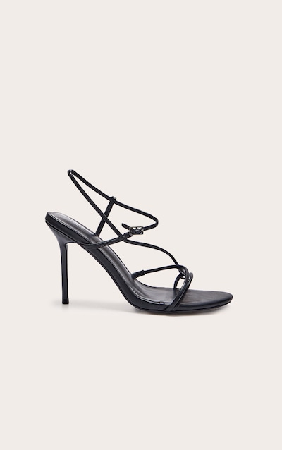 Black Wide Fit Pu Strappy Asymmetric Buckle High Stiletto Heeled Sandals