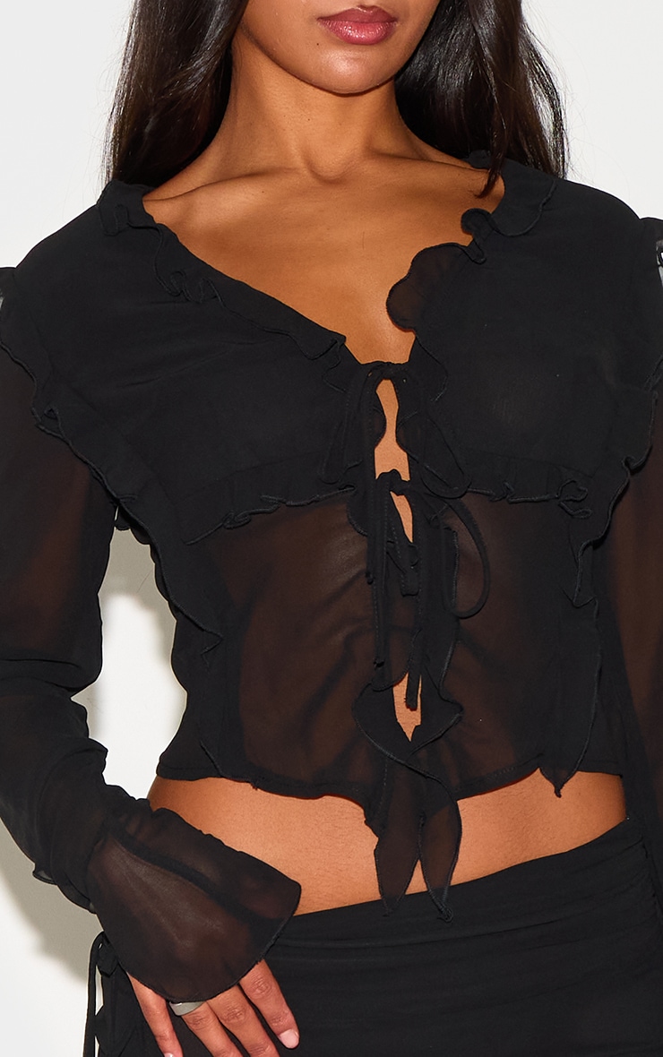 Black Chiffon Ruffle Tie Front Blouse image 4