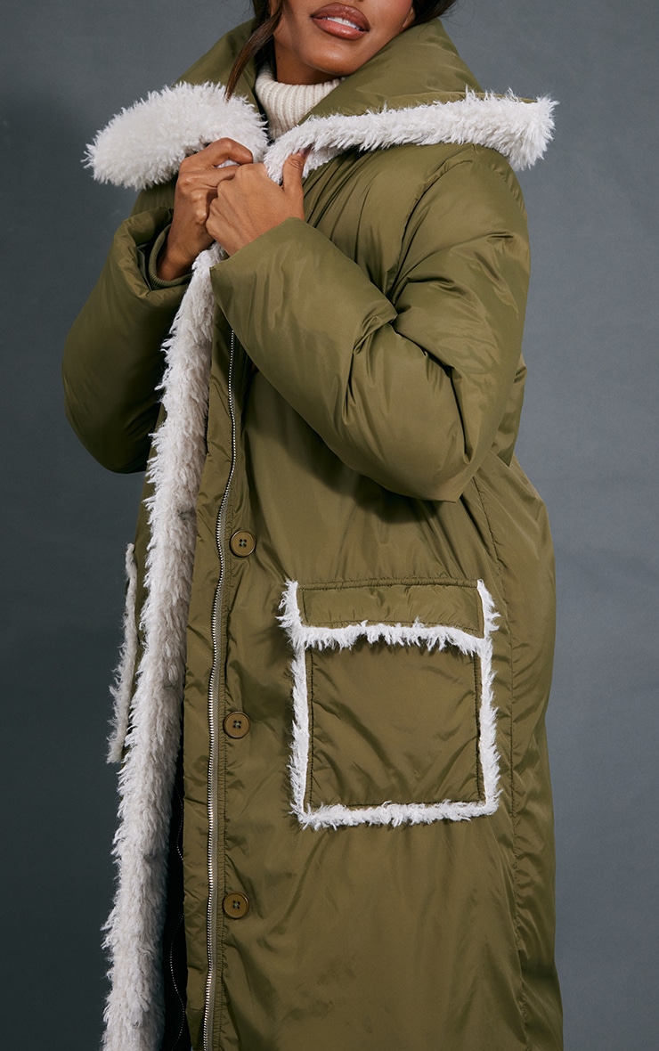 Khaki Contrast Panel Borg Pocket Longline Puffer image 2