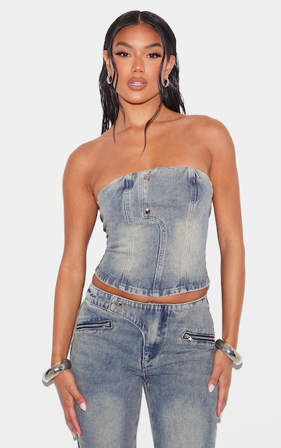 Top bustier en jean vintage sans manches à coutures apparentes