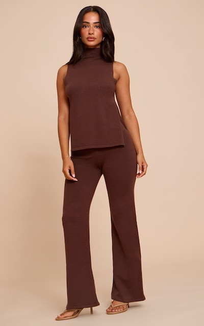 Petite Chocolate Knitted Elastic Waist Wide Leg Pants