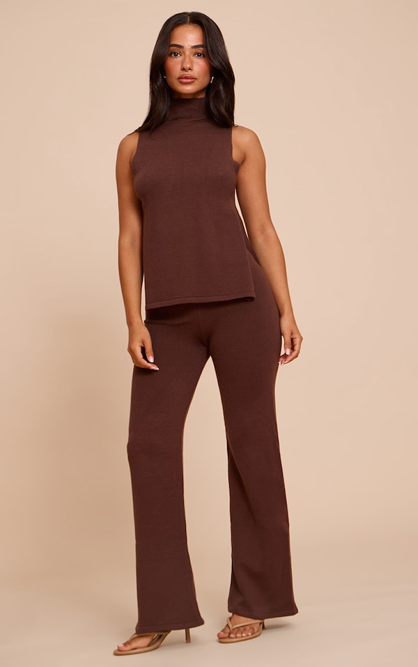 Petite Pantalon large en maille tricot chocolat à taille élastique