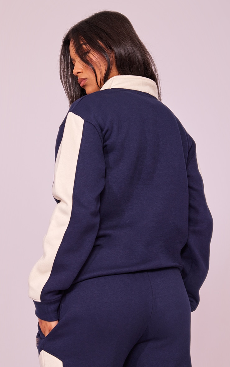 Navy Blue Aspen Embroidered Paneled Half Zip Oversized Sweat image 2