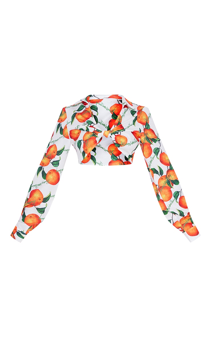 Petite White Orange Print Knot Front Shirt image 5