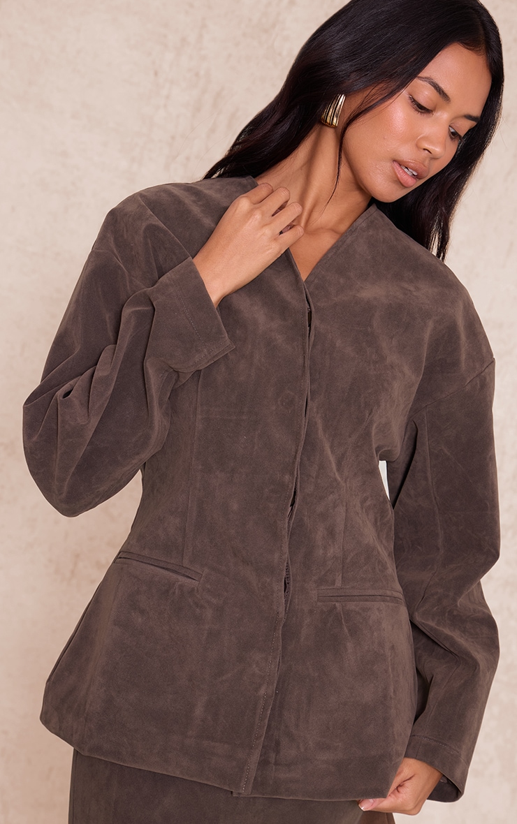 Khaki Suede Collarless Cocoon Sleeve Blazer image 4