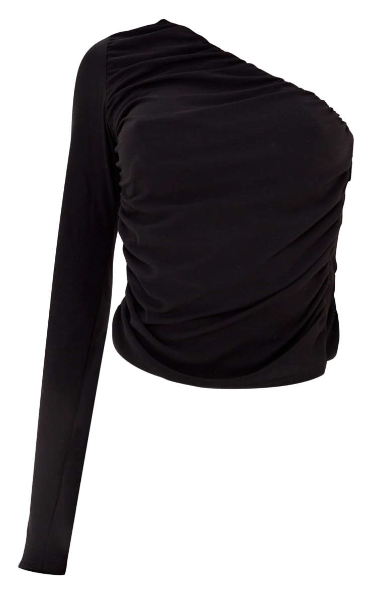 Black Soft Jersey Ruched Side One Sleeve Crop Top Tops PLT KSA
