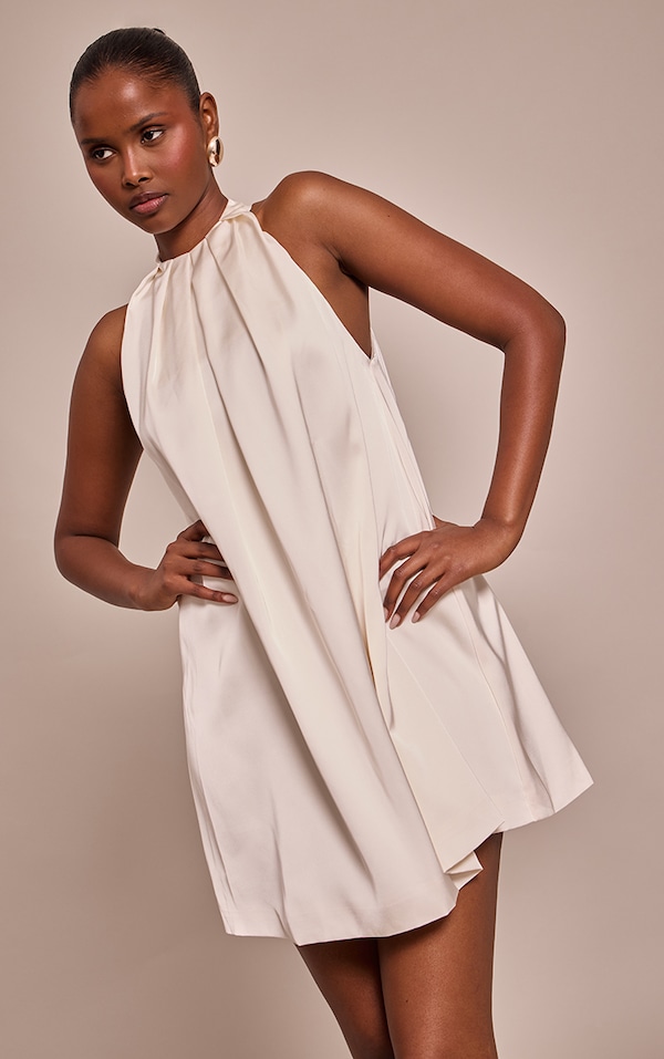 Cream Satin Halterneck Mini Shift Dress
