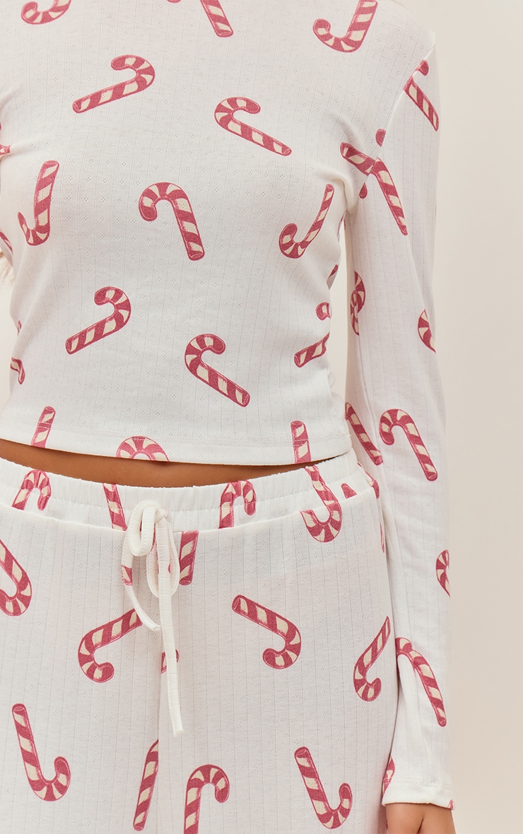 Candy Cane Print Pointelle Long Sleeve Top and Pant PJ Set image 4
