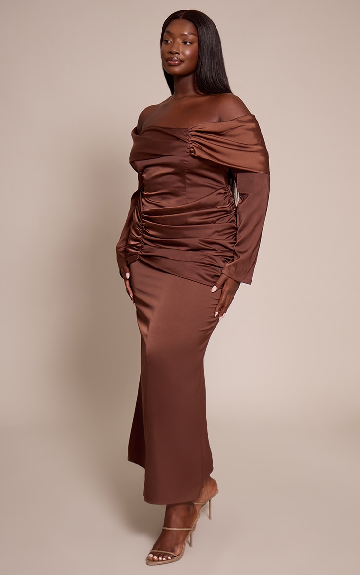 Plus Chocolate Satin Ruched Detail Off Shoulder Maxi Dress image 1
