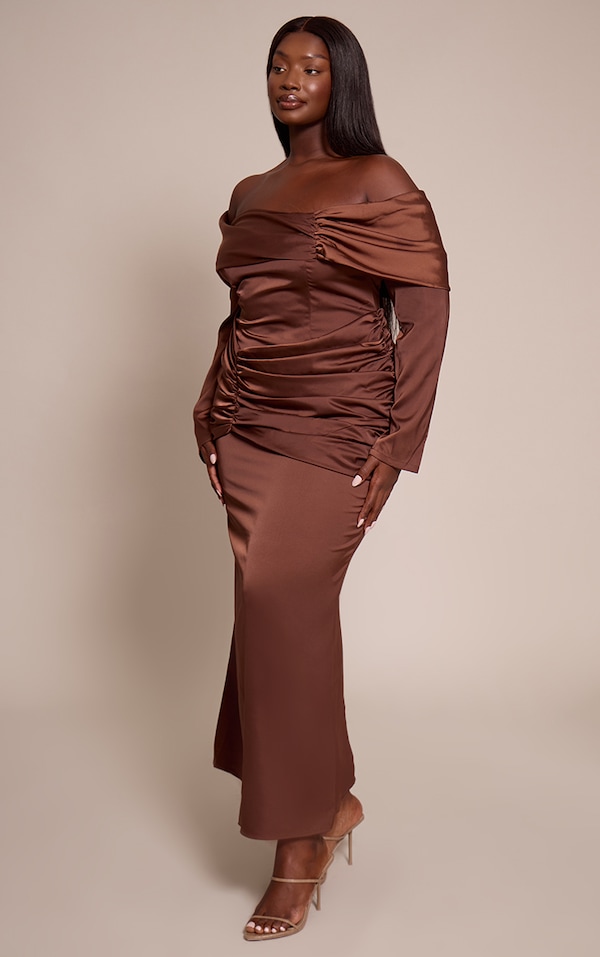 Plus Chocolate Satin Ruched Detail Off Shoulder Maxi Dress