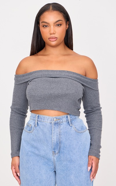 Plus Charcoal Brushed Rib Long Sleeve Bardot Top