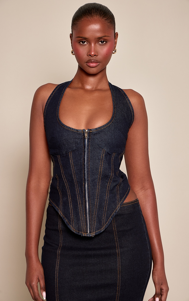 Top style corset indigo à dos nu et zip devant