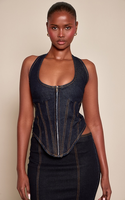Raw Indigo Zip Front Halterneck Corset Style Top