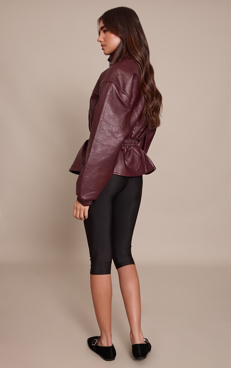 Chocolate Plum High Neck Cinched Waist Faux Leather Jacket image 2