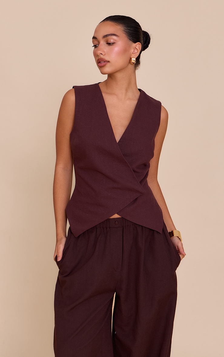 Deep Chocolate Premium Linen Blend Button Asymmetric Vest image 1