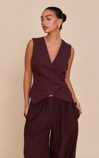 Gilet en lin mélangé deluxe chocolat à bouton asymétrique
